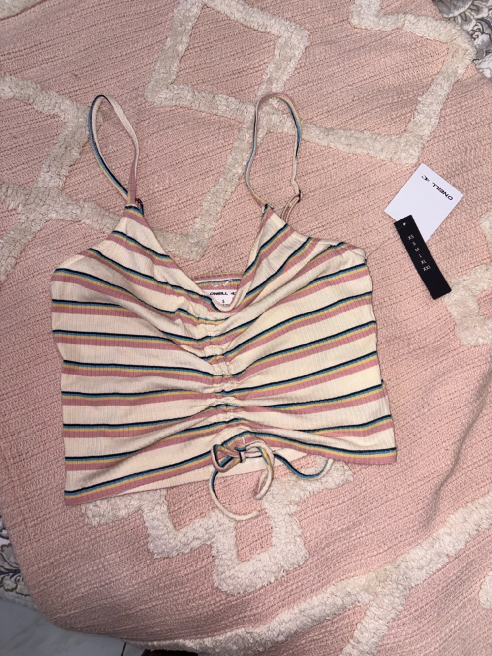 O'Neill Cream Striped Cinch-Front Cami with Pink & Green Stripes